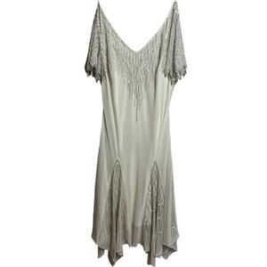 J KARA WOMEN'S HANKY HEM FLUTTER SLEEVE WHITE SHORT BEADED DRESS 16 BRAND NEW